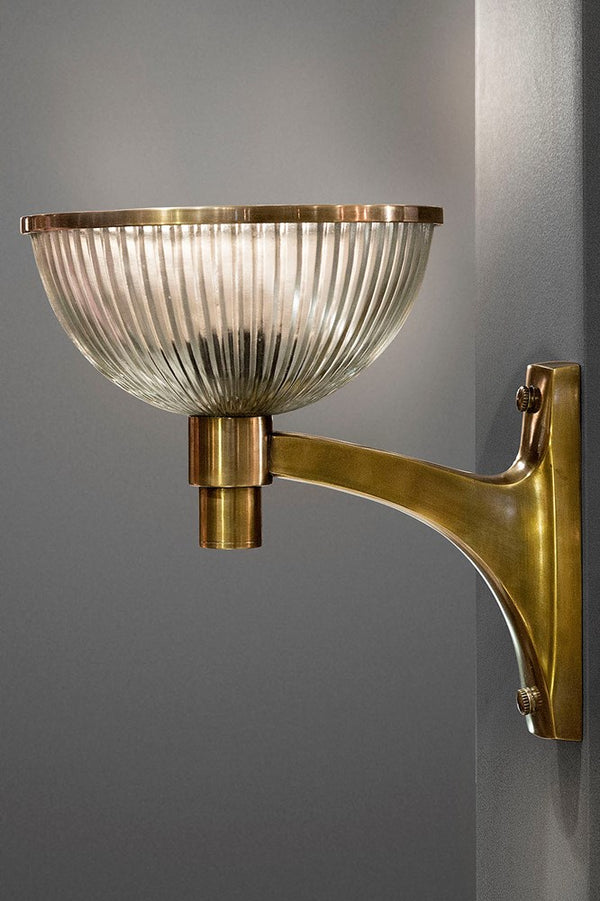Astor Glass Wall - Antique Brass - Solid Metal Arm Wall Light with Ribbed Glass Bowl Diffuser