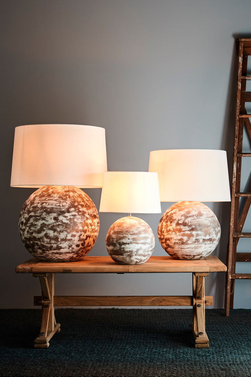 Boule Medium - Distressed White - Turned Wood Ball Table Lamp