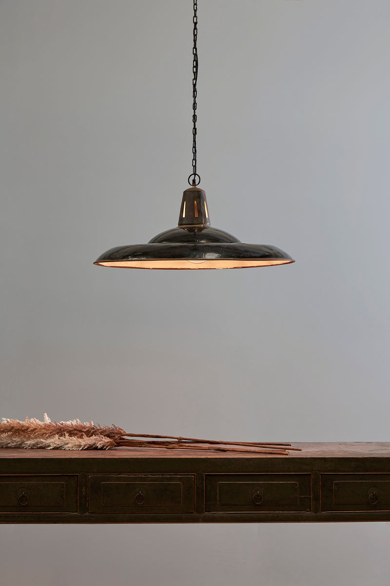 Zetland Large - Old Black - Enamelled Iron Dish Pendant Light