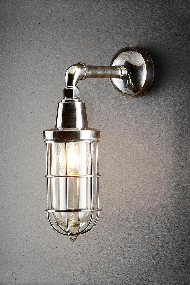 Starboard - Antique Silver and Clear Glass - Solid Metal Caged Wall Light with Clear Glass Bulb Cover