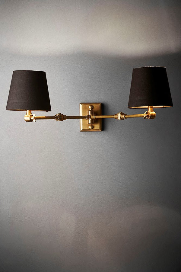 Worcester Wall - Antique Brass and Black - Solid Brass Swing Arm Dual Wall Light with Black Textile Shades
