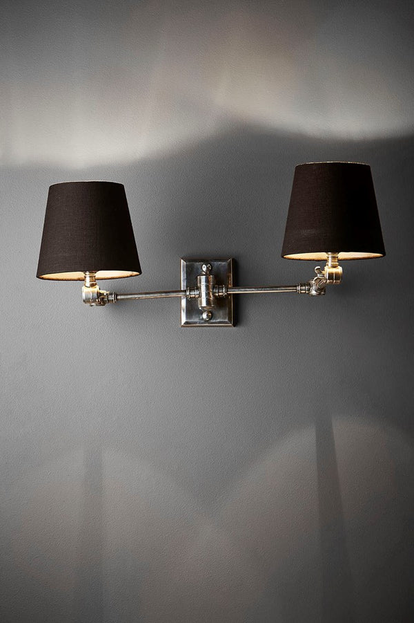 Worcester Wall - Antique Silver and Black - Solid Brass Antique Silver Swing Arm Dual Wall Light with Black Textile Shades