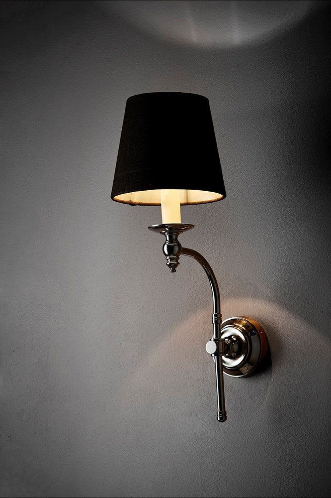 Soho Curved Sconce Wall - Shiny Nickel and Black - Metal Arm Wall Light with Black Linen Shade
