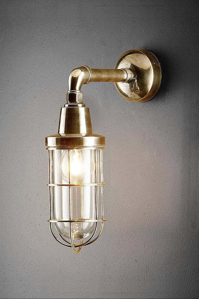 Starboard - Antique Brass and Clear Glass - Solid Metal Caged Wall Light with Clear Glass Bulb Cover