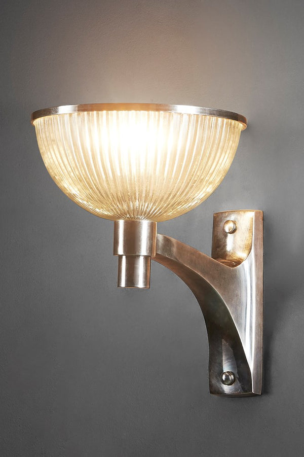 Astor Glass Wall - Antique Silver - Solid Metal Arm Wall Light with Ribbed Glass Bowl Diffuser