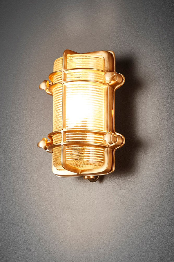 Harley Wall - Antique Brass - Solid Metal Bunker Style Indoor Wall Light with Ribbed Glass
