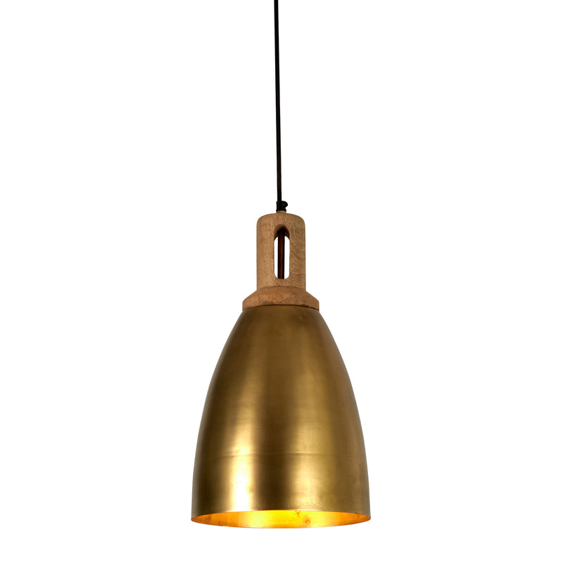 Lewis - Antique Brass - Tall Dome Pendant Light With Wooden Top