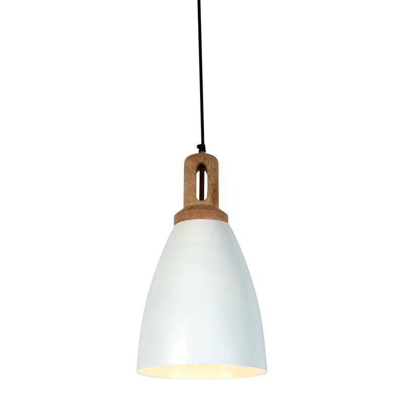 Lewis - Matt White - Tall Dome Pendant Light With Wooden Top